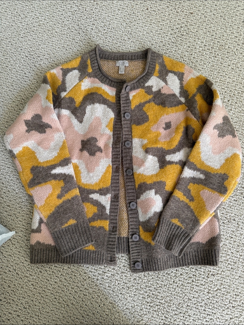 LOGO by Lori Goldstein Pink, Mustard & Brown Abstract Button-Front Cardigan